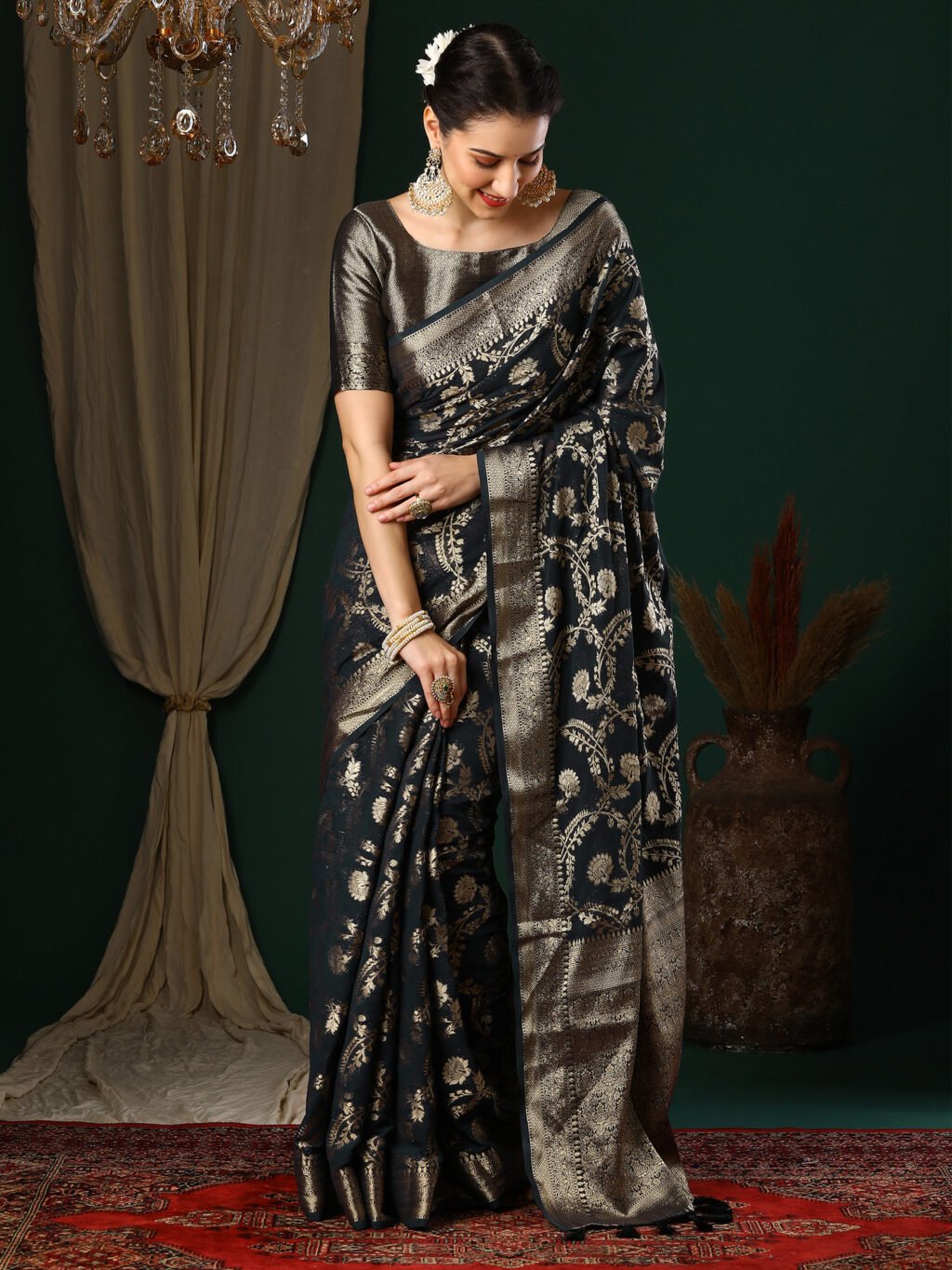 Regal Black Banarasi Georgette Silk Saree - Banarasi Saree