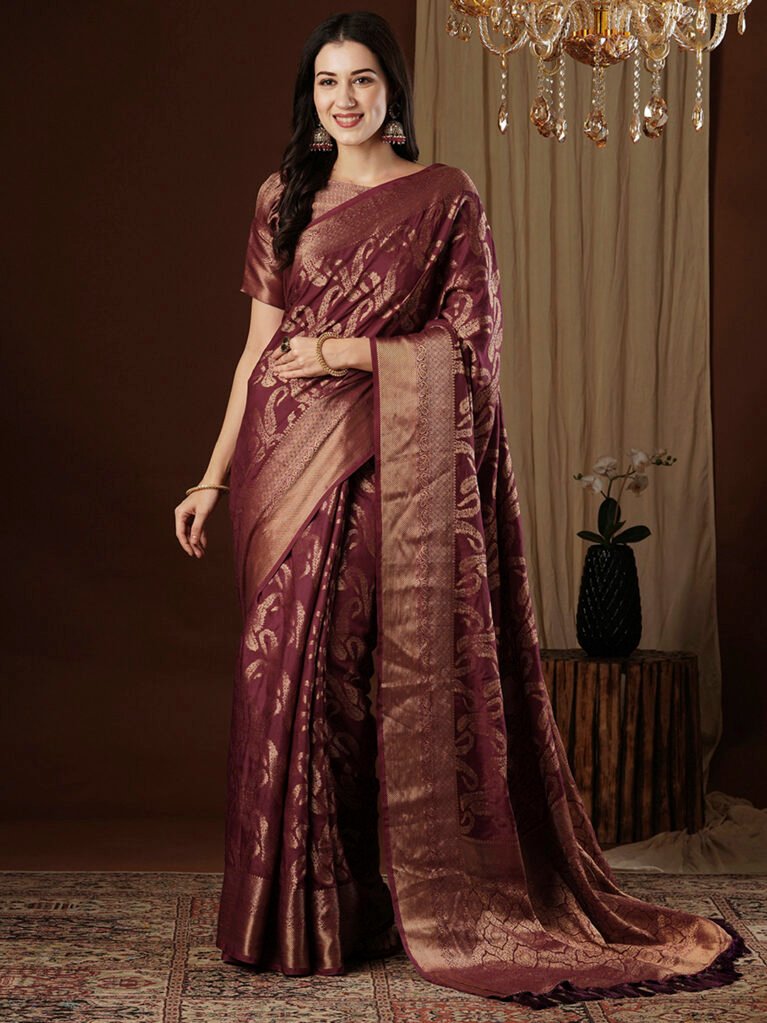 Burgundy Designer Banarasi Silk Saree - Sarees