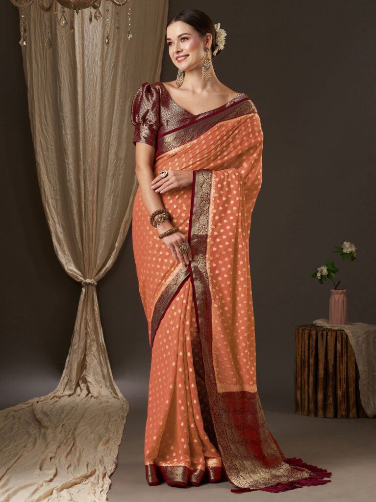 Regal Peach Flowing Georgette Silk Saree - Georgette Saree