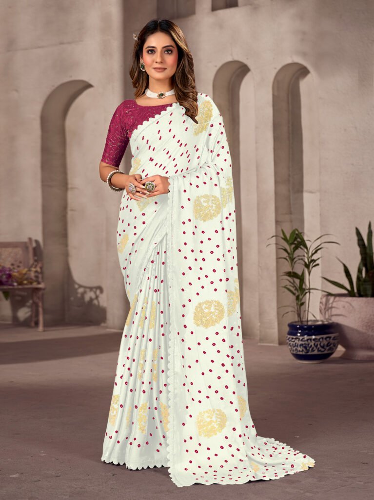 White Sheer Chiffon Bandhani Saree - Chiffon Saree