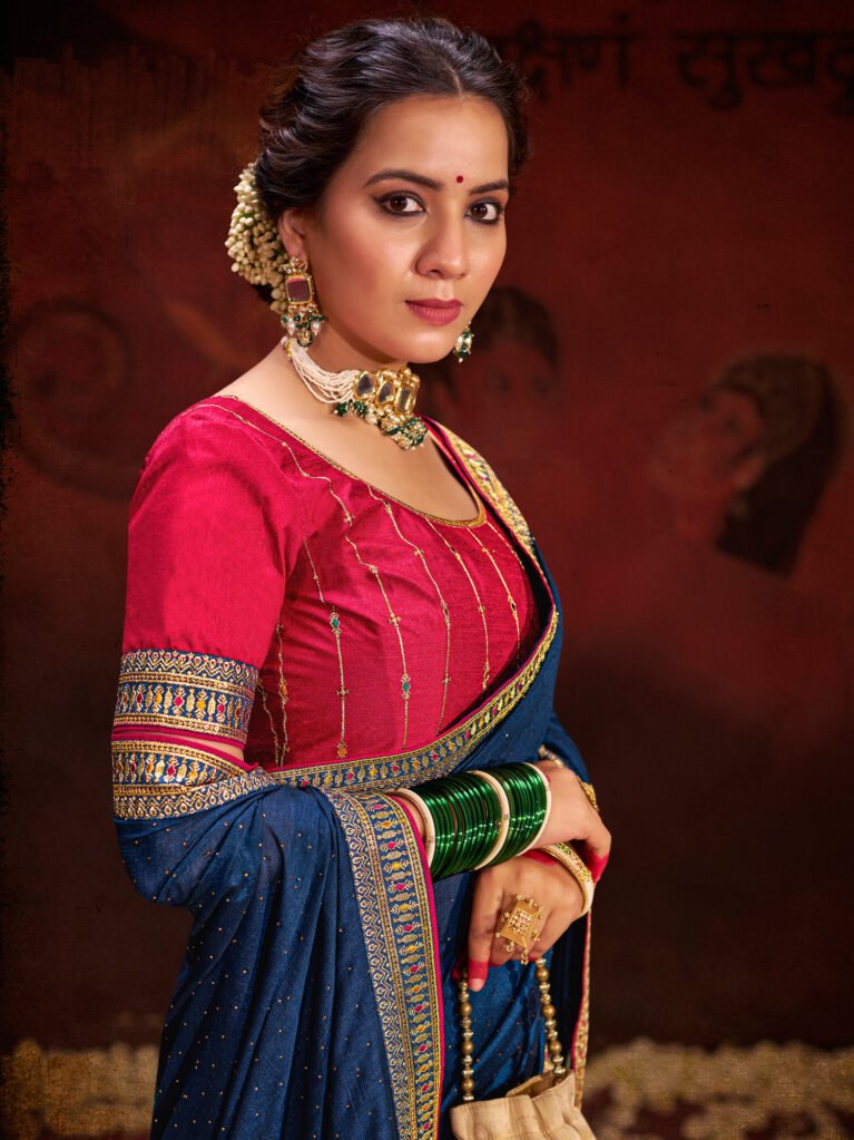 Timeless Navy Blue Vichitra Silk Designer Saree - Sarees