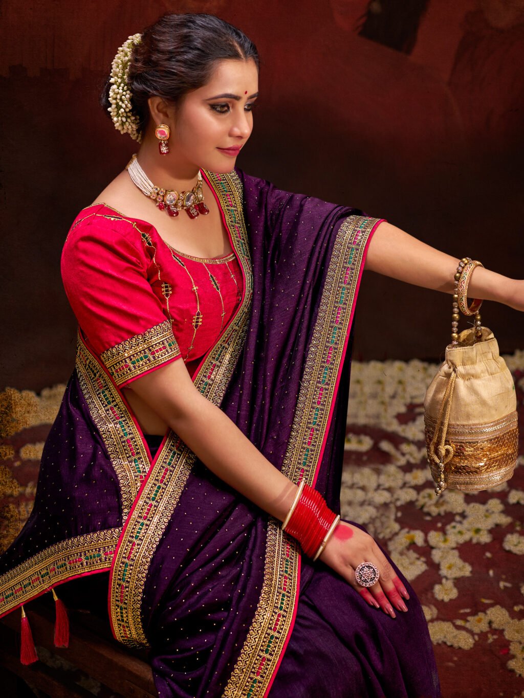 Purple Vichitra Silk Designer Saree - Sarees