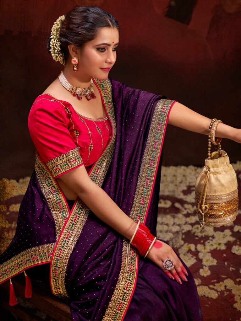 Purple Vichitra Silk Designer Saree - Sarees