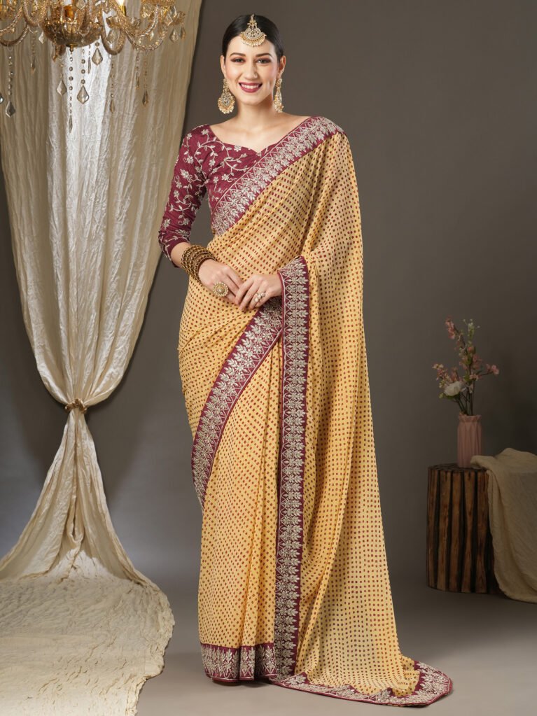 Cream Georgette Bandhani Saree - Georgette Saree