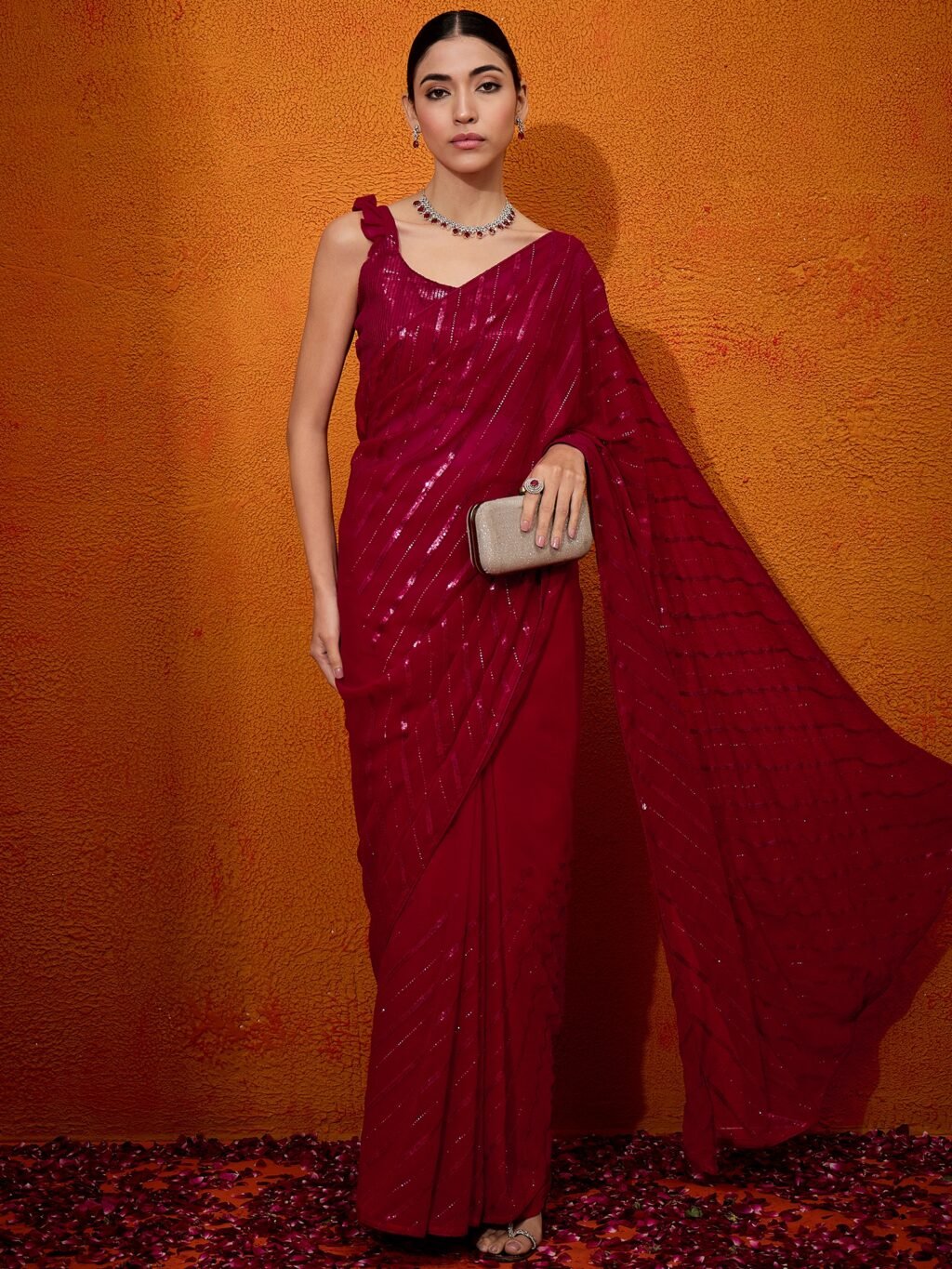 Partywear Farewell Pink Flowing Georgette Saree - Georgette Saree
