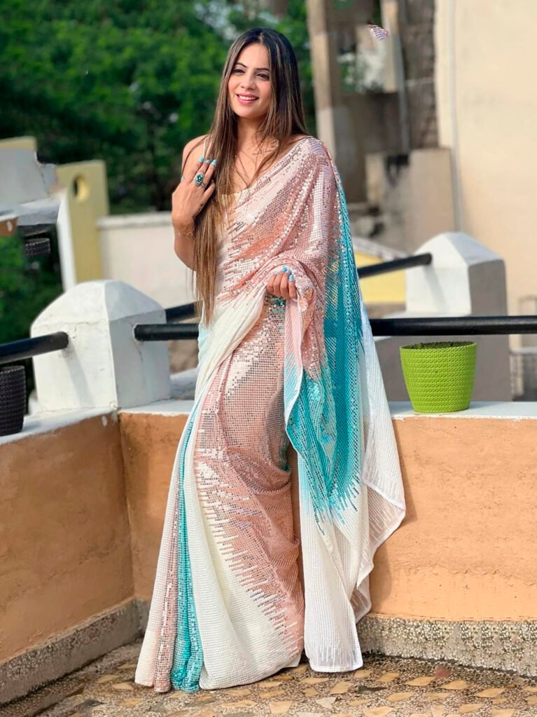 Multicolor White Georgette Sequins Farewell Saree - Georgette Saree