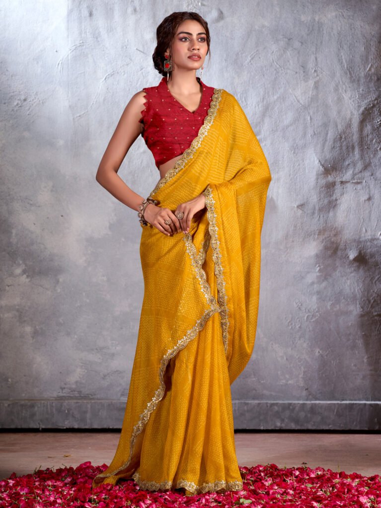 Radiant Yellow Sheer Chiffon Floral Motifs Saree - Chiffon Saree