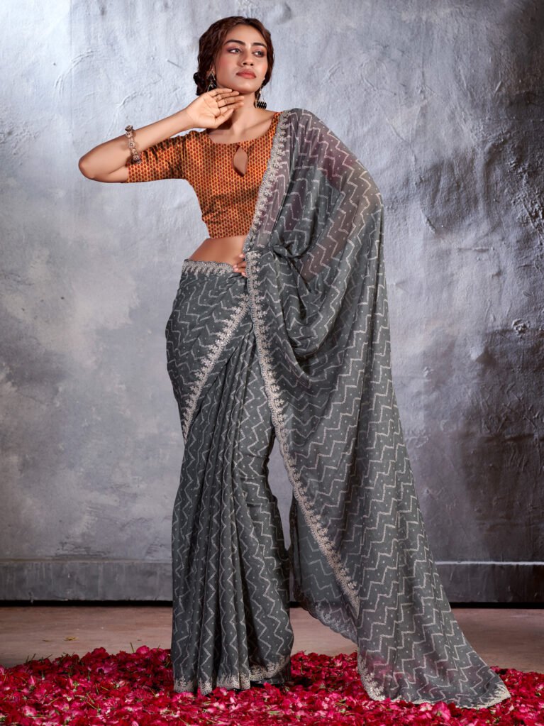 Radiant Grey Sheer Chiffon Floral Motifs Saree - Chiffon Saree