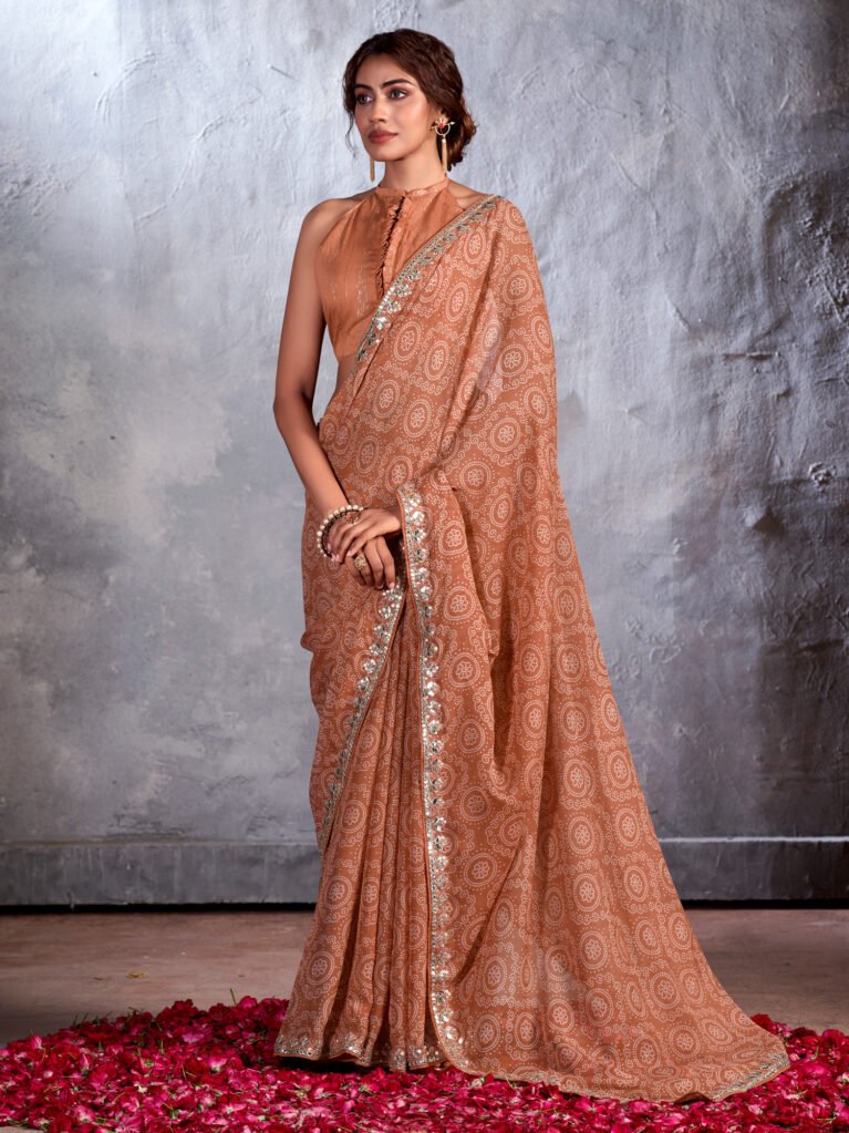 Regal Brown Sheer Chiffon Floral Motifs Saree - Chiffon Saree