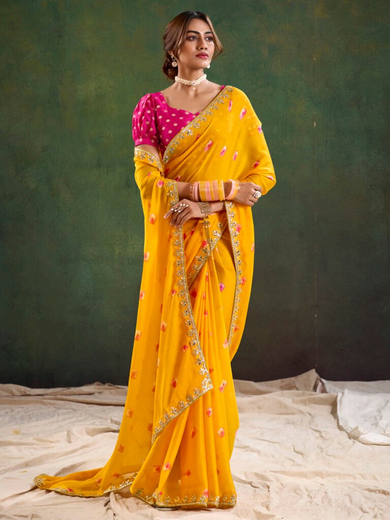 Yellow Sheer Chiffon Floral Saree - Chiffon Saree