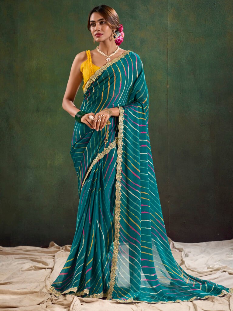 Regal Teal Blue Sheer Chiffon Lightweight Saree - Chiffon Saree