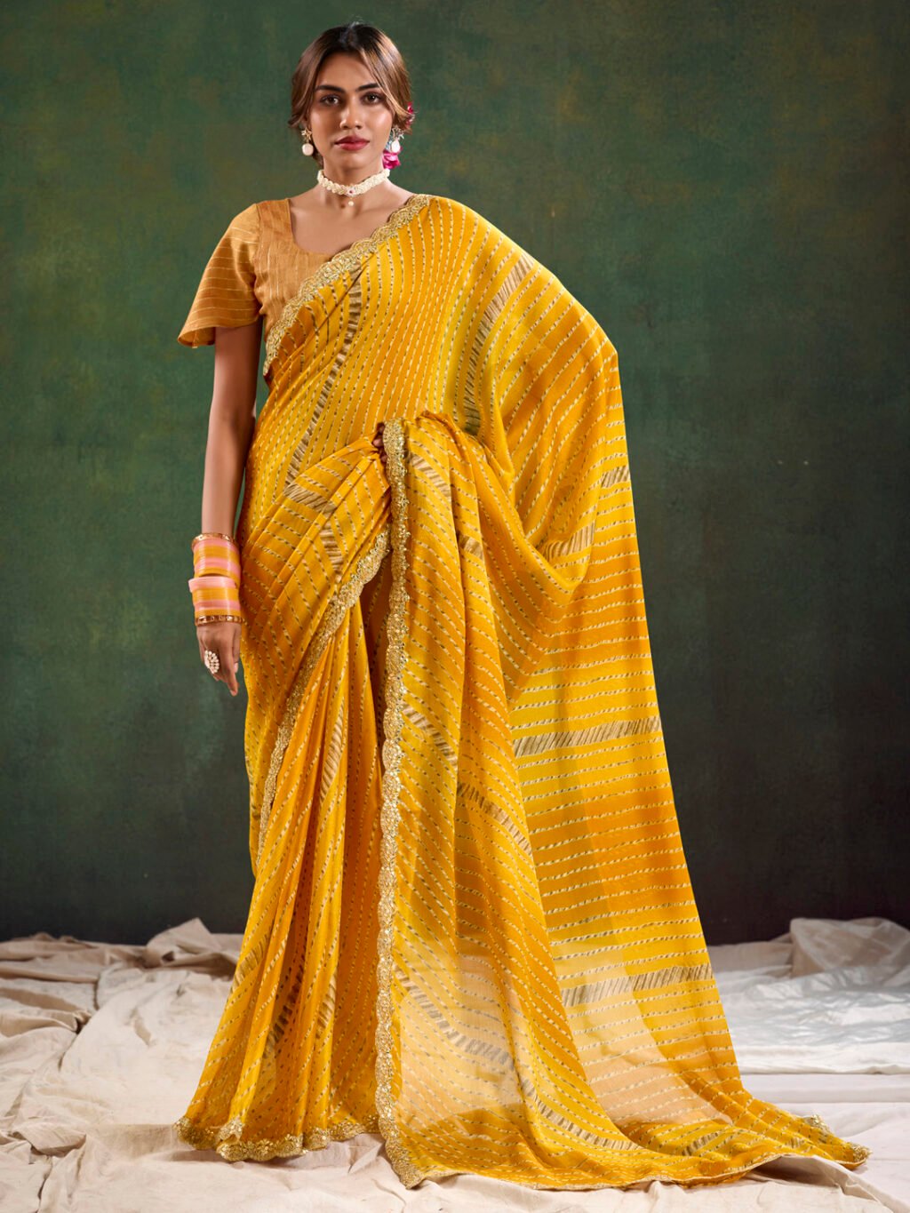 Heritage Mustard Sheer Chiffon Floral Saree - Chiffon Saree