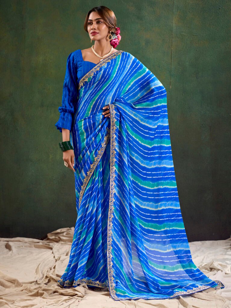 Opulent Blue Sheer Chiffon Floral Saree - Chiffon Saree