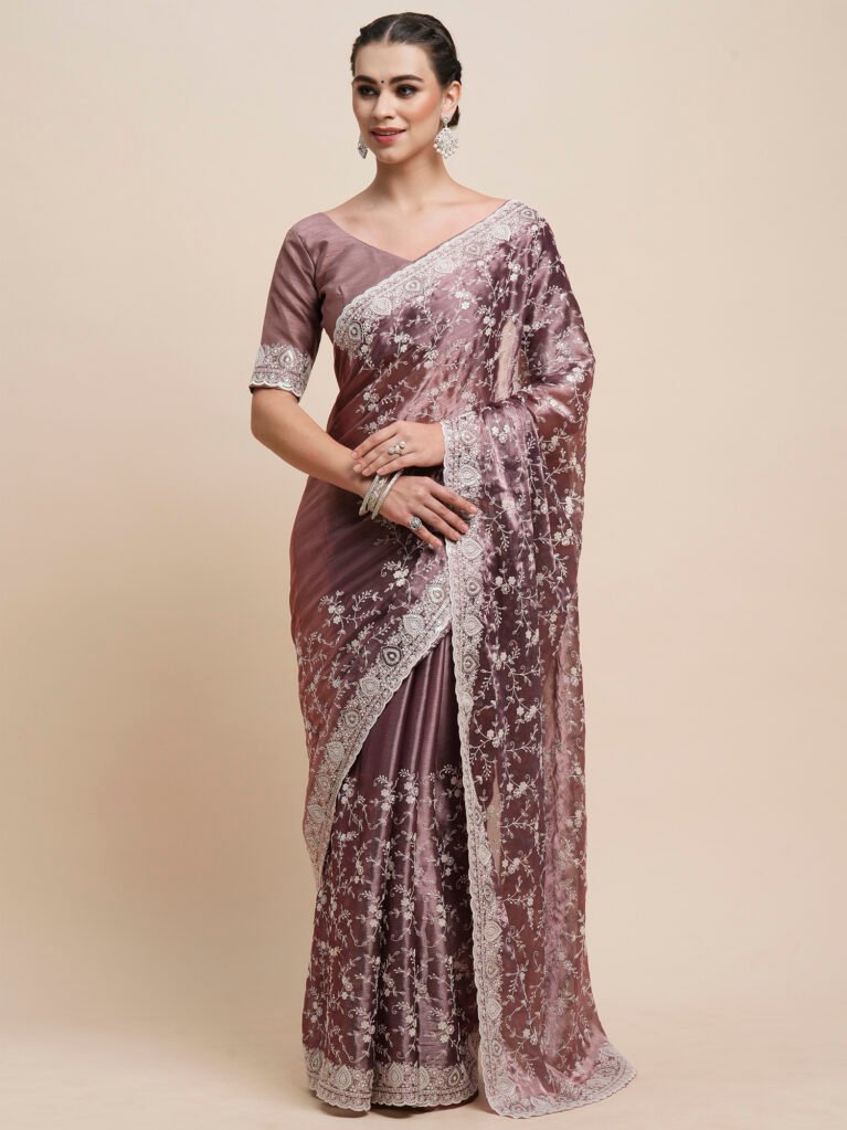 Mauve Organza Designer Embroidery Saree - Organza Saree