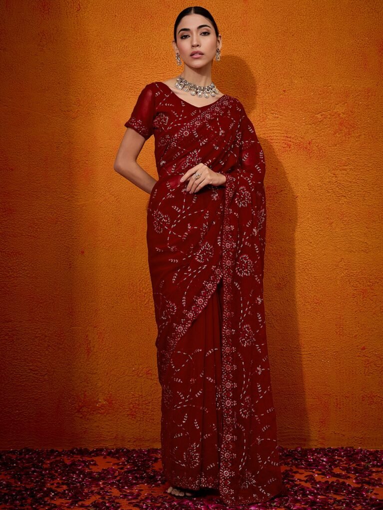 Designer Red Chiffon Embroidery Stone Saree - Georgette Saree
