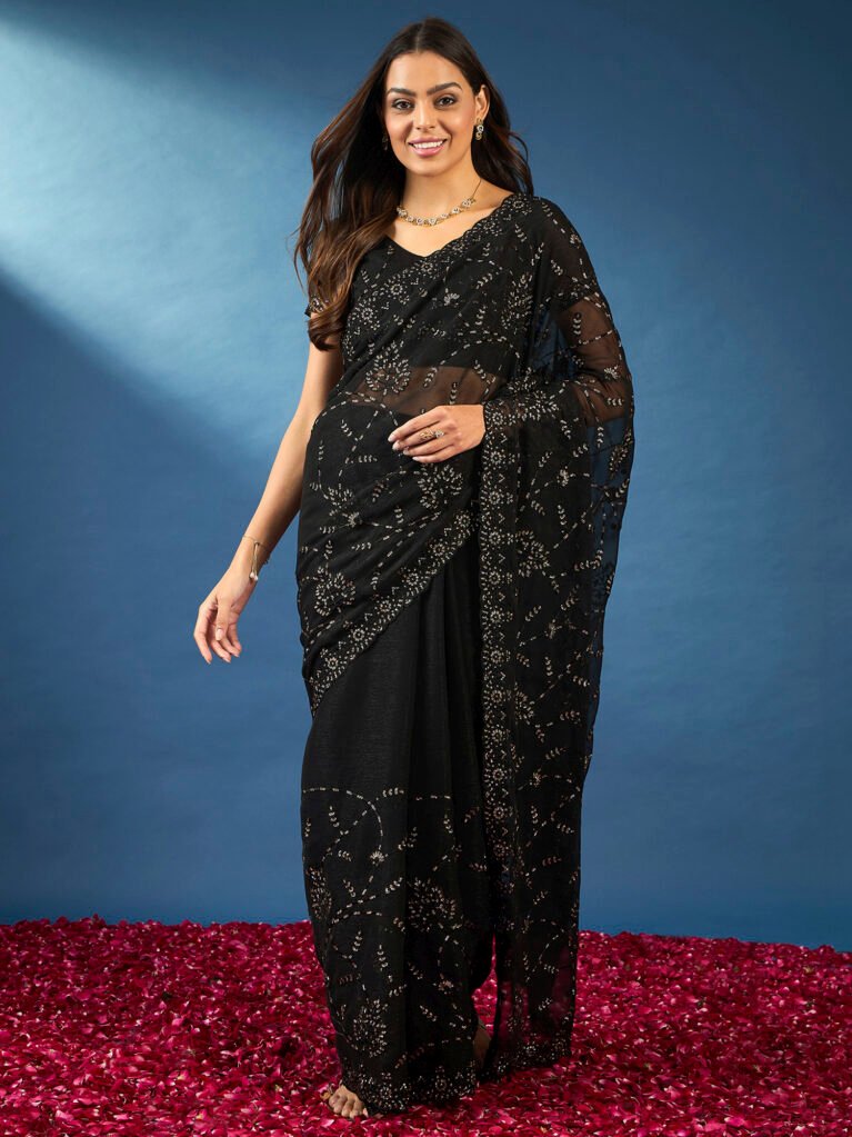 Designer Black Chiffon Embroidery Stone Saree - Georgette Saree