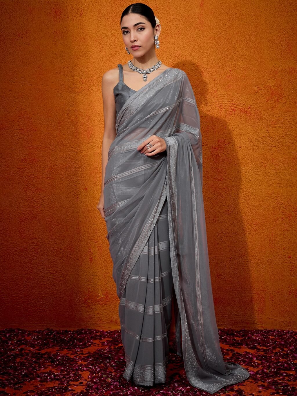 Striped Grey Sheer Chiffon Saree - Georgette Saree