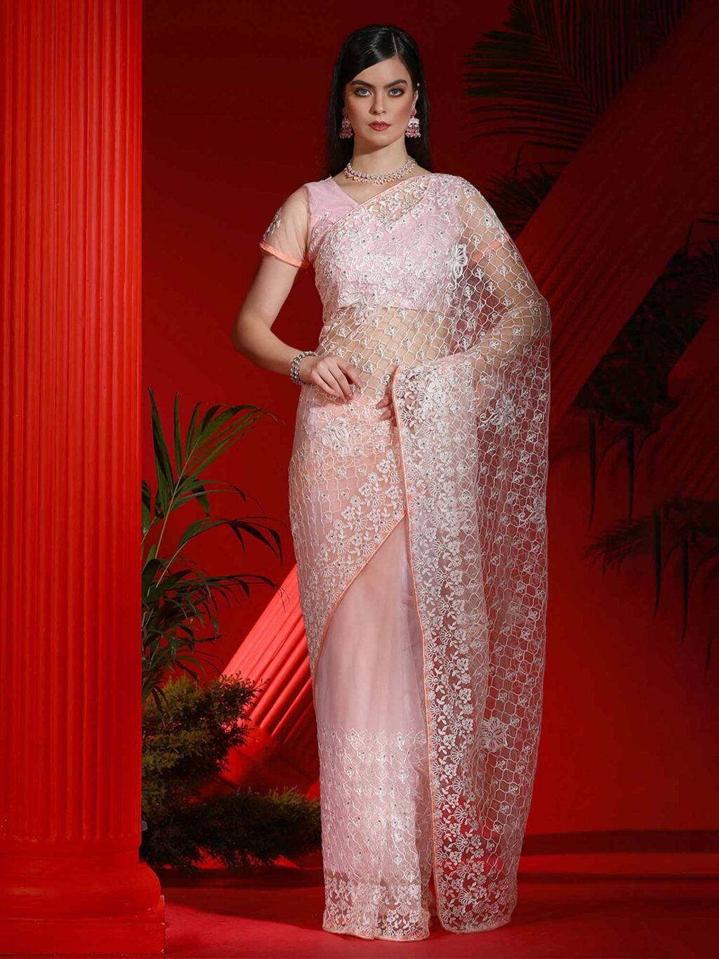 Heritage Pink Designer White Thread Saree - Net Saree