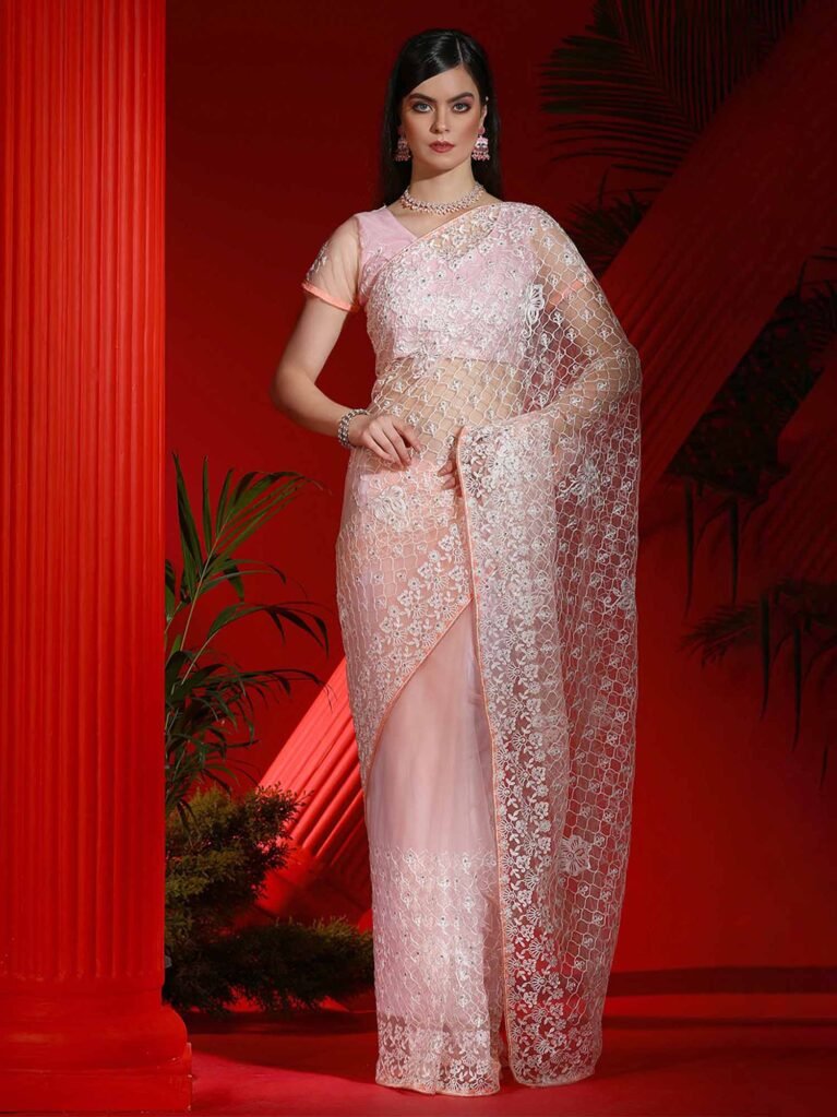 Heritage Pink Designer White Thread Saree - Net Saree