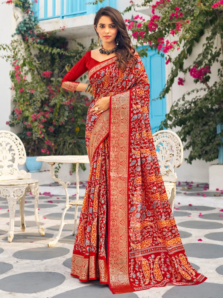 Opulent Printed Red Silk Saree - Sarees
