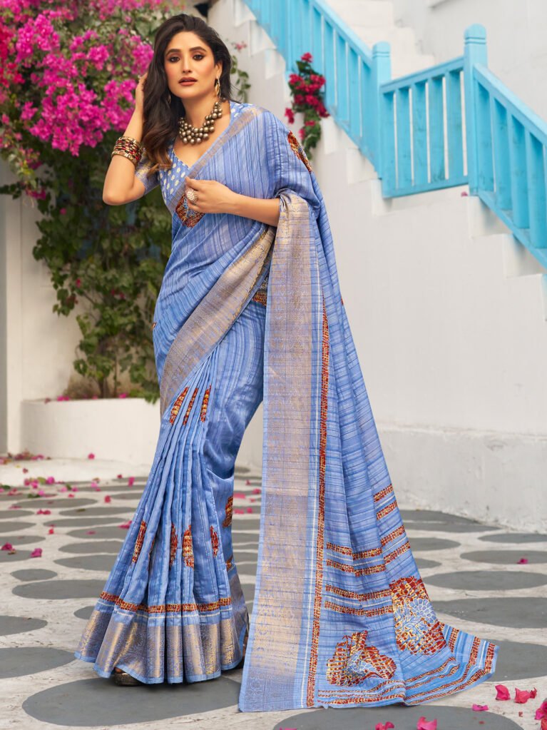 Radiant Blue Printed Silk  Saree - Sarees