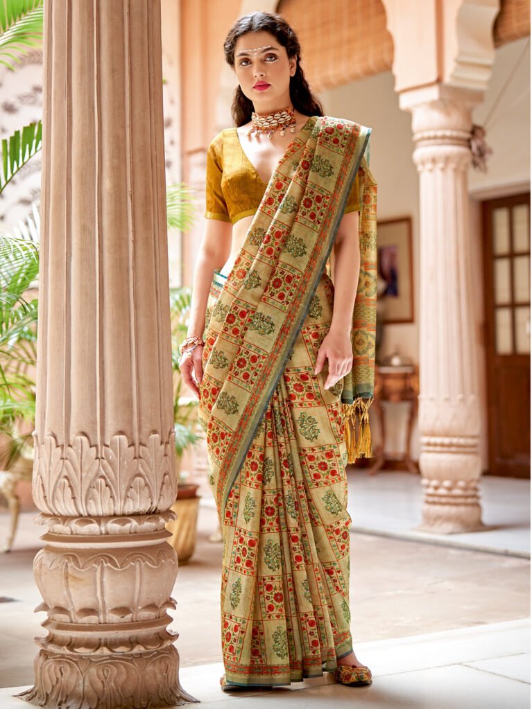 Cream Digital Print Silk Saree - Sarees