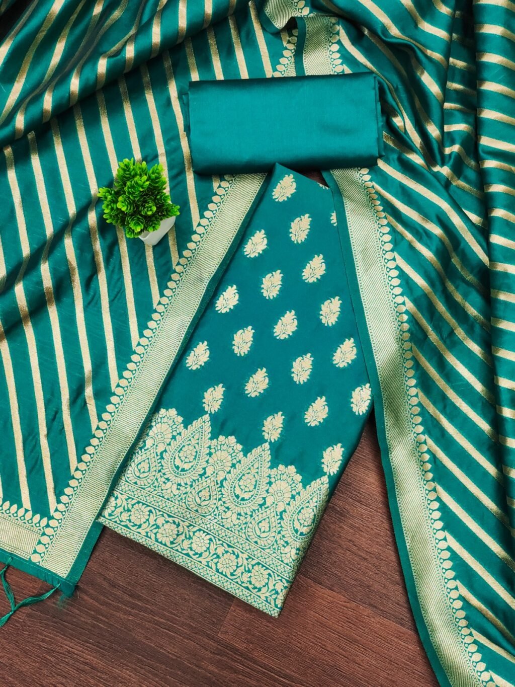 Designer Teal Blue Banarasi Silk Unstitched Salwar Suit in premium Chanderi Suits