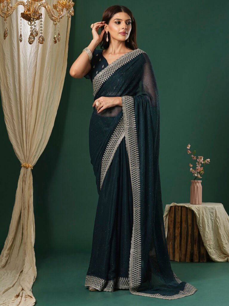 Opulent Teal Blue Flowing Georgette Silver Embroidered Saree - Georgette Saree