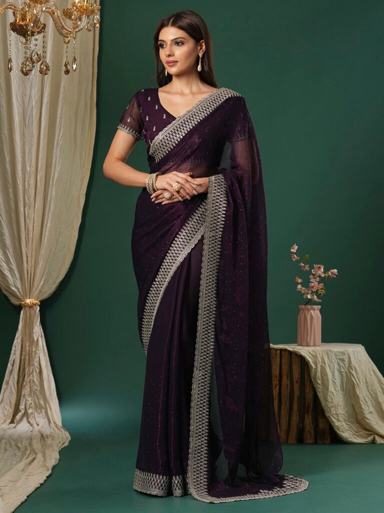 Magenta Flowing Georgette Silver Embroidered Saree - Georgette Saree