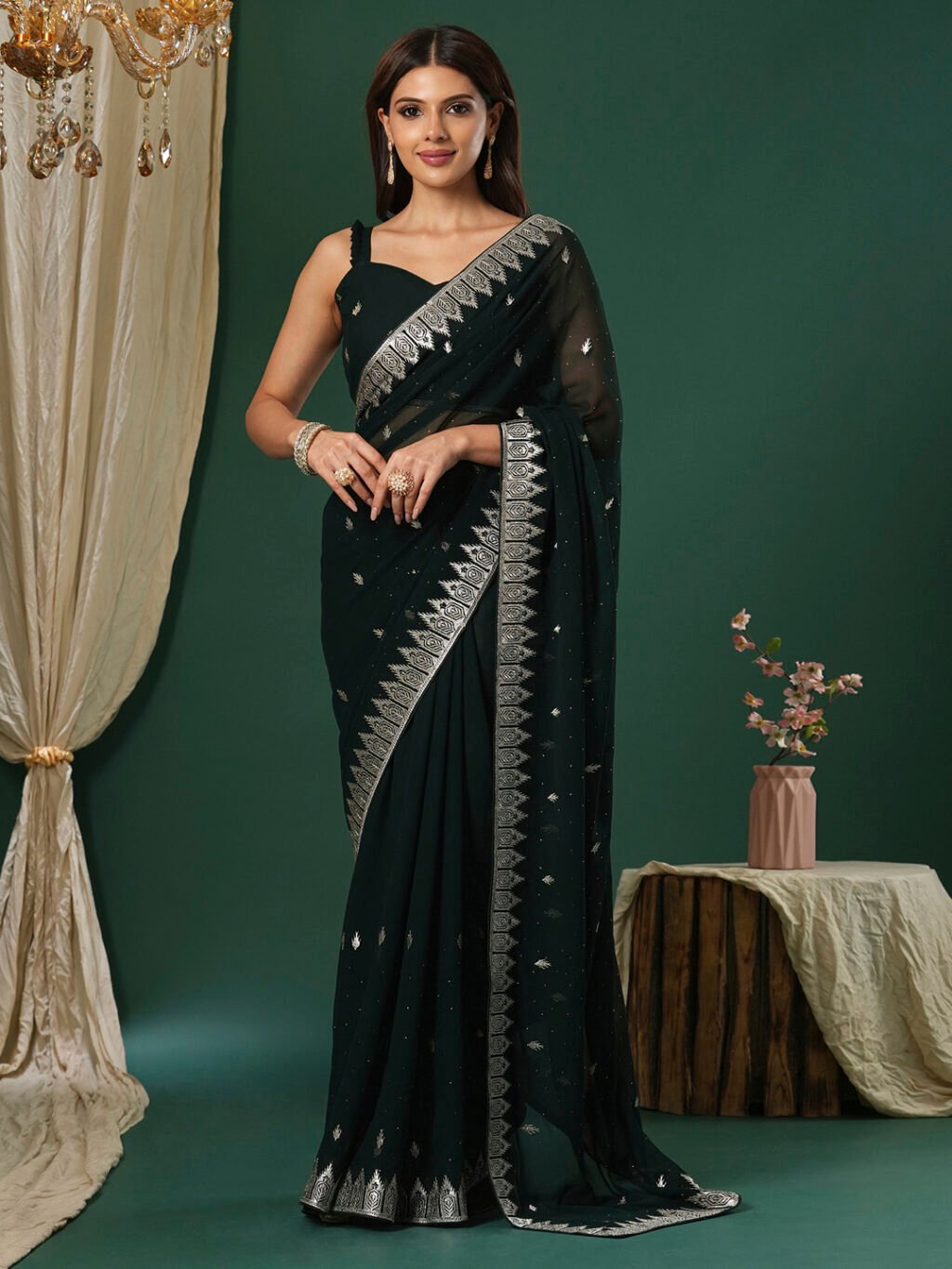 Radiant Dark Green Flowing Georgette Silver Embroidered Saree - Georgette Saree