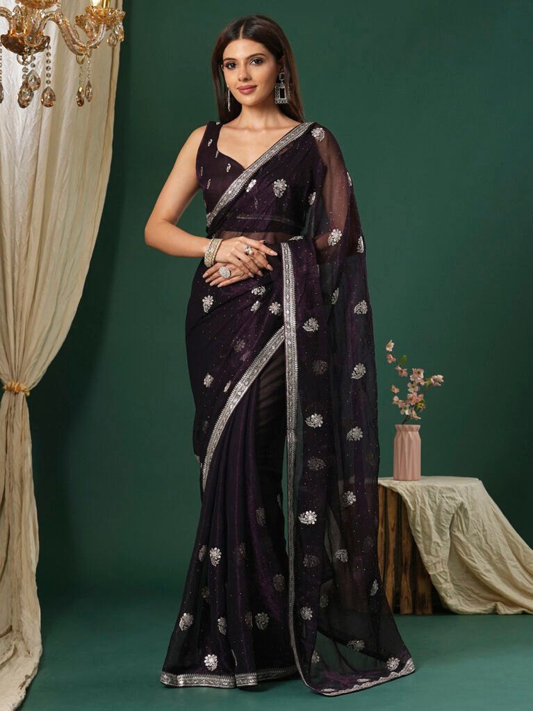 Heritage Purple Flowing Georgette Silver Embroidered Saree - Georgette Saree