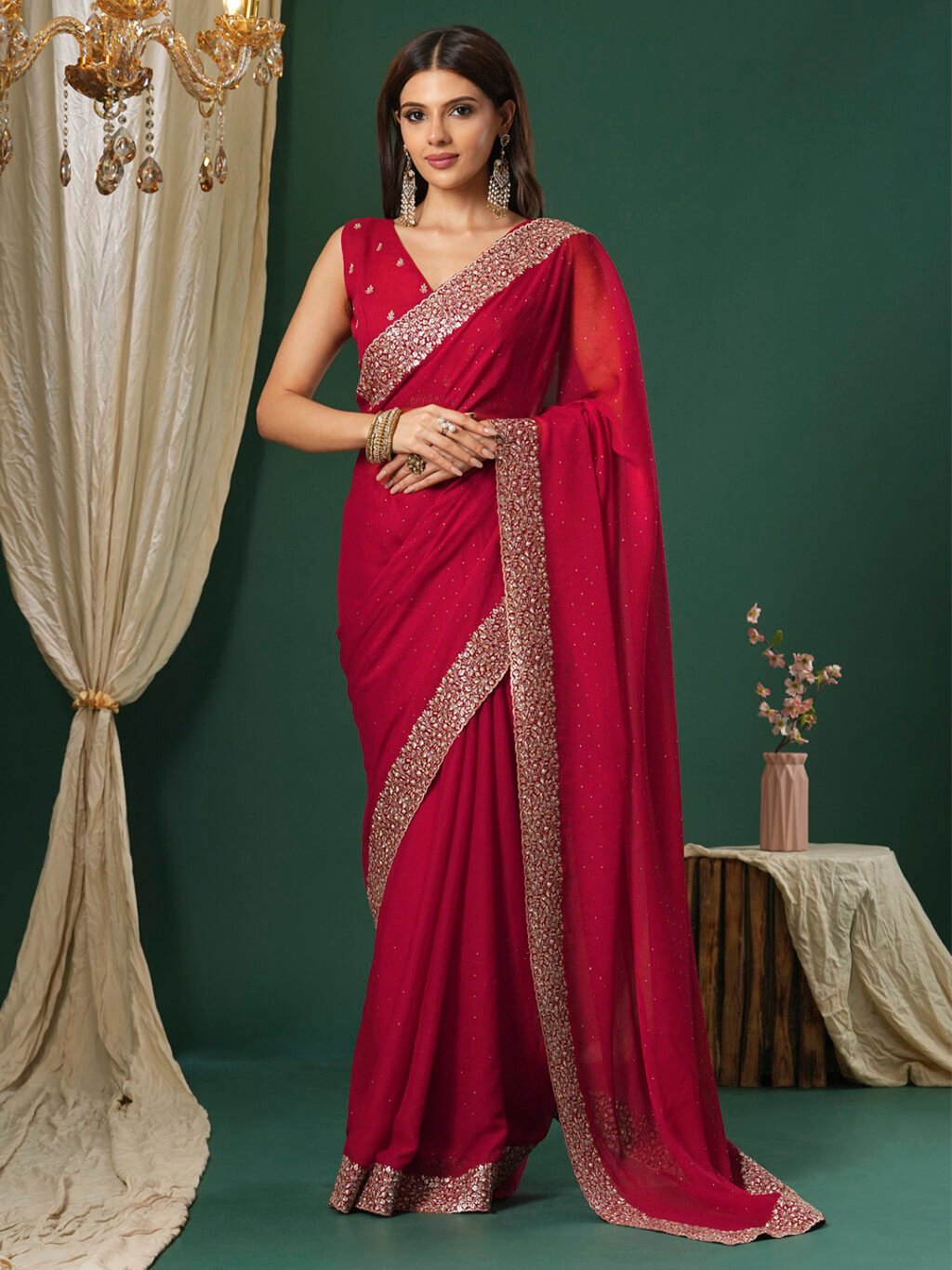 Pink Sheer Chiffon Lightweight Embroidered Saree - Chiffon Saree
