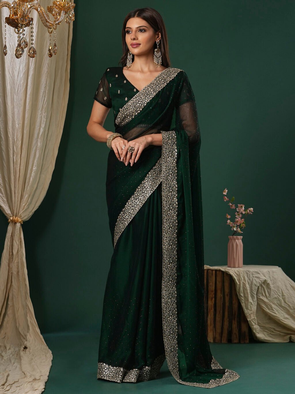 Dark Green Sheer Chiffon Embroidered Saree - Chiffon Saree