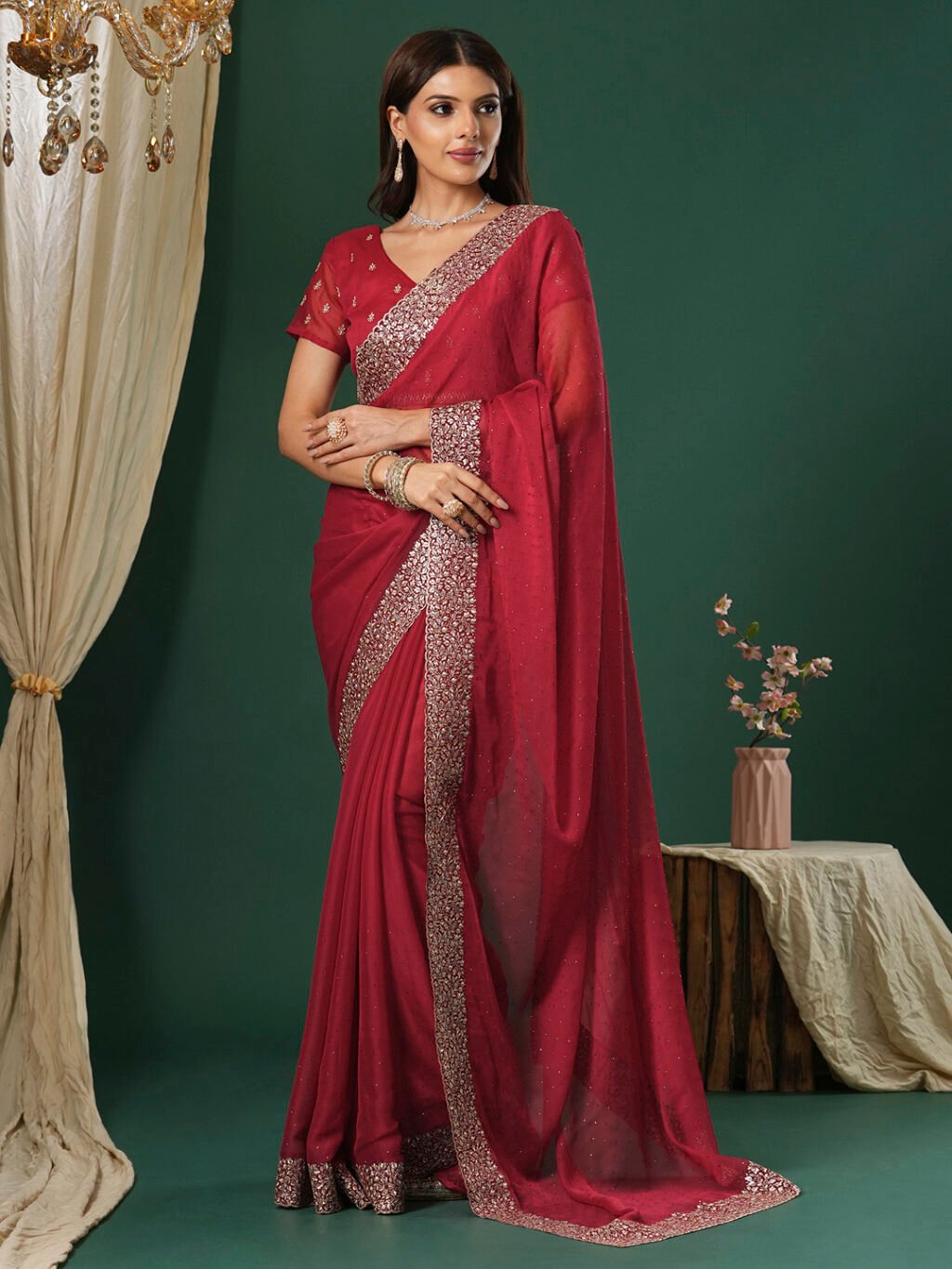 Red Sheer Chiffon Embroidered Saree - Chiffon Saree