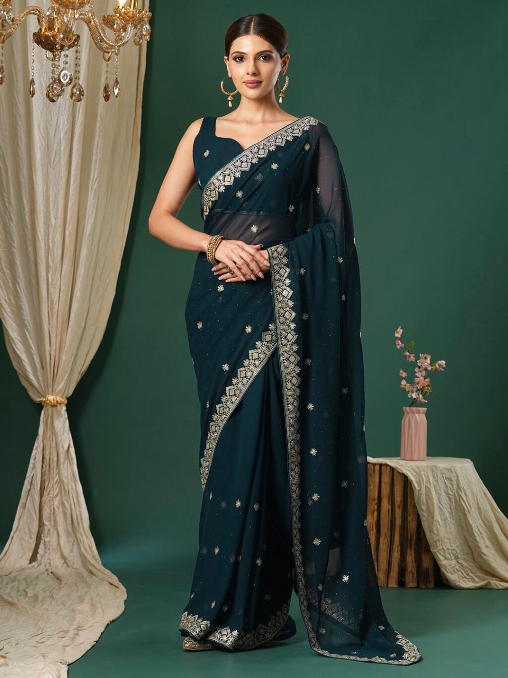 Heritage Teal Blue Georgette Silver Embroidered Saree - Georgette Saree