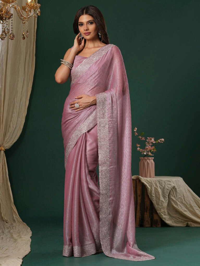 Graceful Mauve Organza Shiny Partywear Saree - Organza Saree