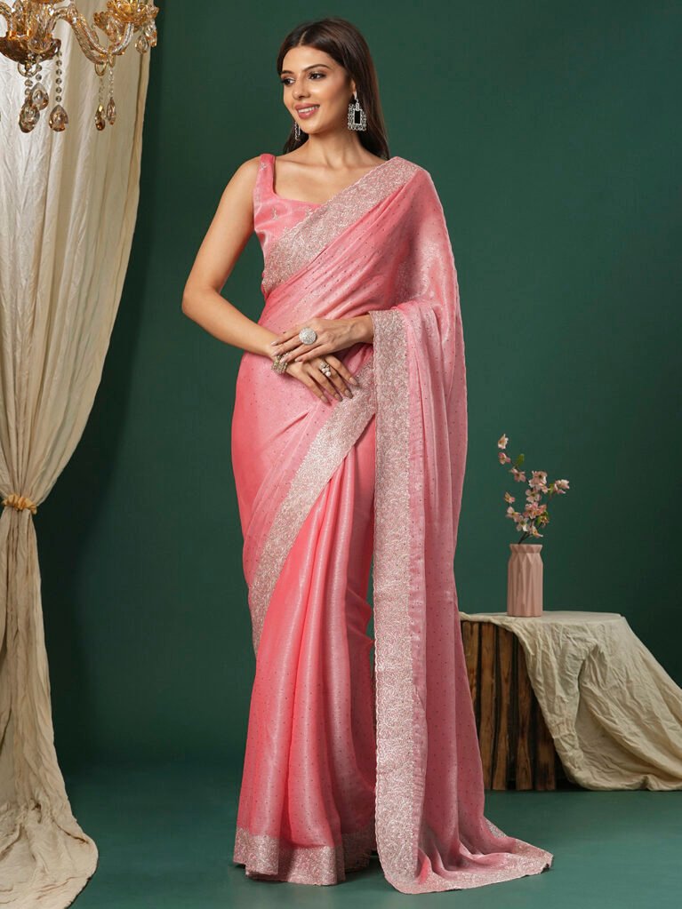 Heritage Pink Organza Partywear Embroidery Saree - Organza Saree