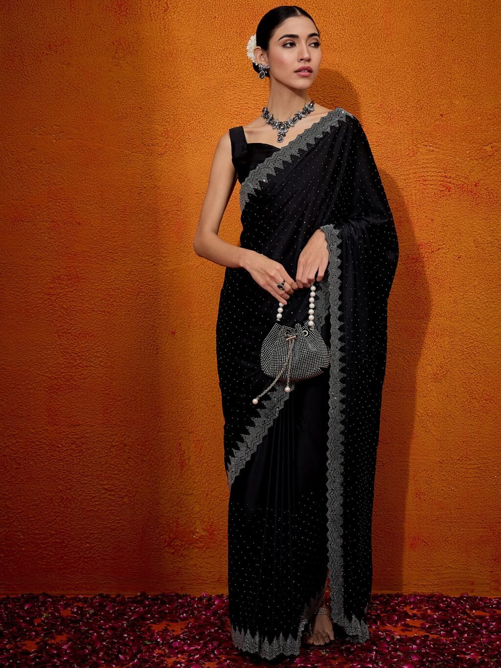 Graceful Black Satin Floral Motifs Saree - Sarees