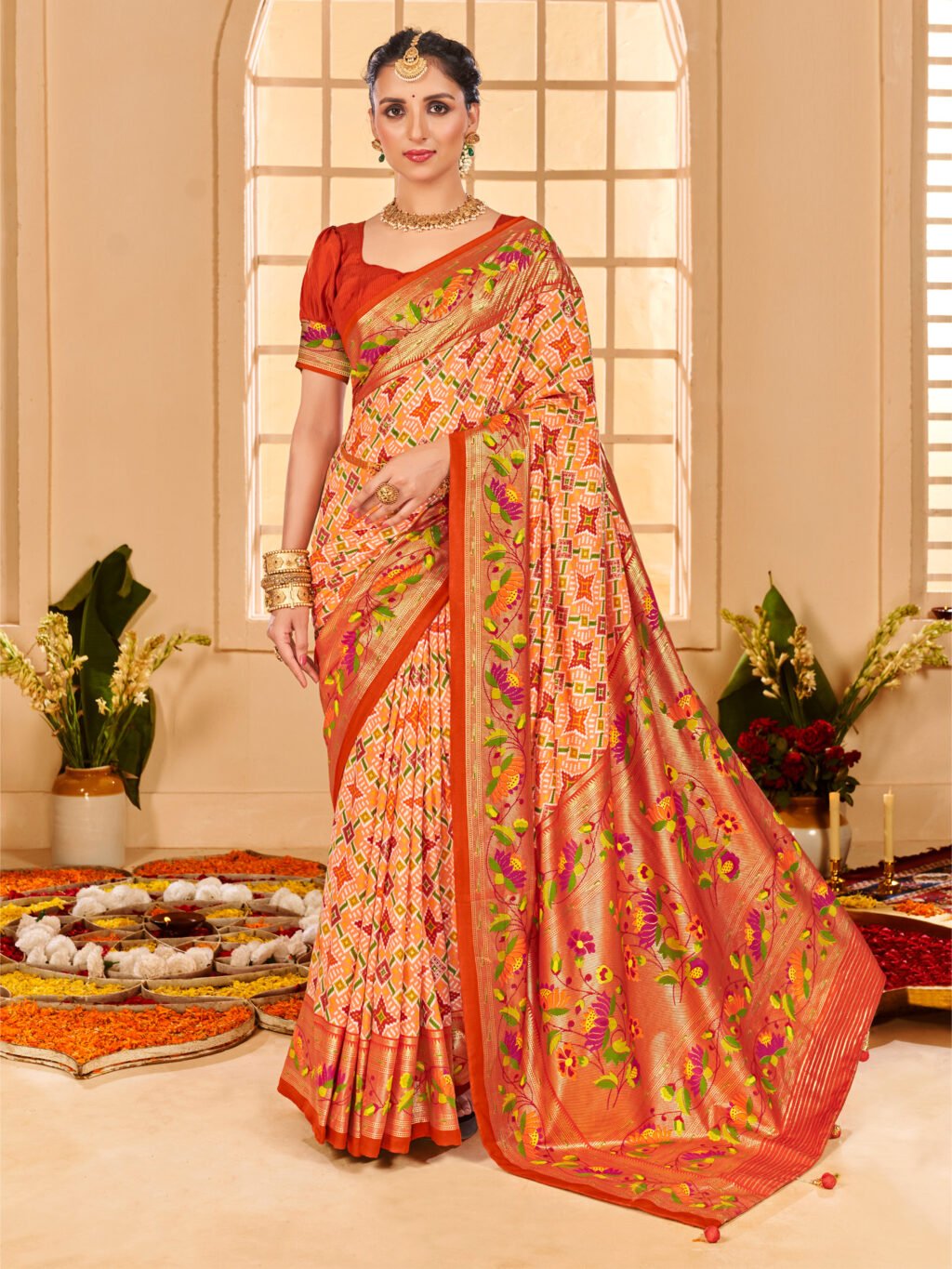 Orange Patola Silk Floral Saree - Sarees