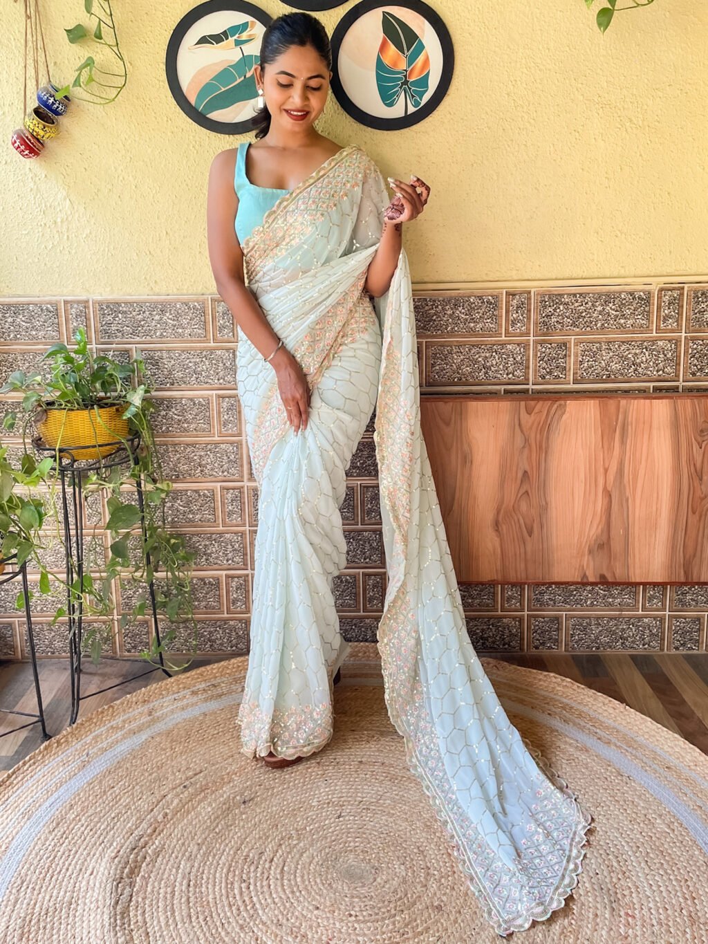 Heritage Light Blue Flowing Georgette Saree - Georgette Saree