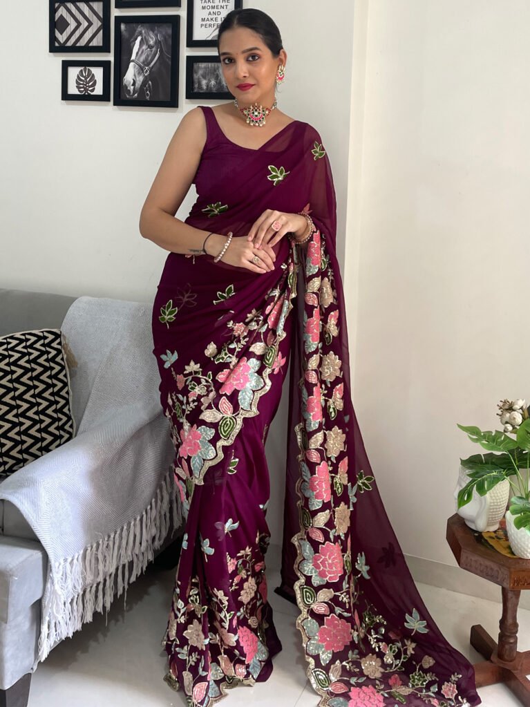 Partywear Burgundy Designer Georgette Sequins Saree - Georgette Saree