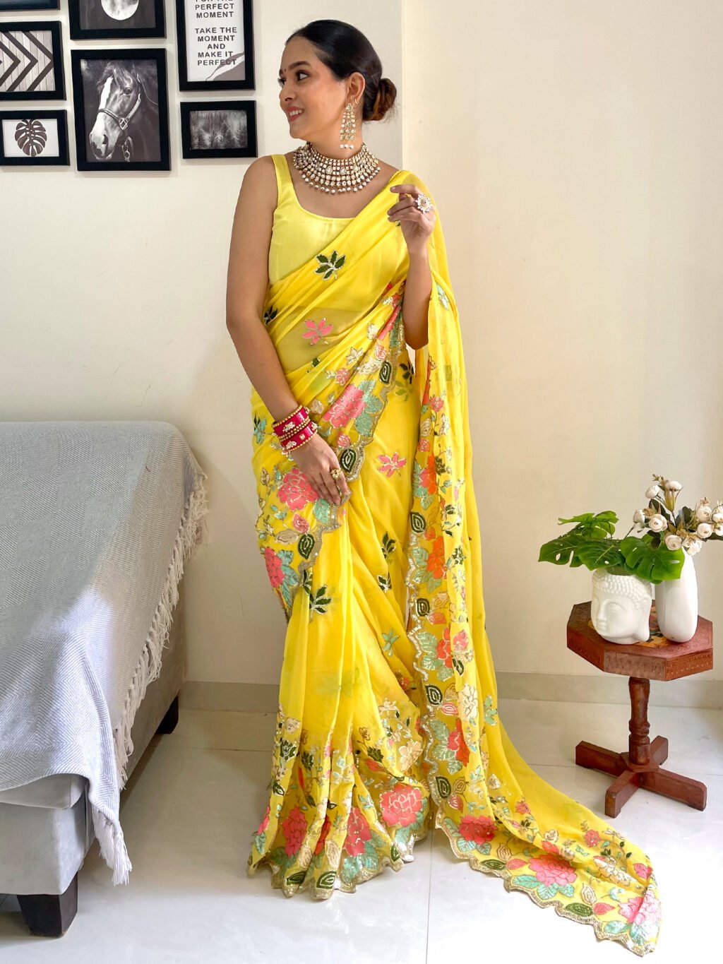 Partywear Yellow Designer Georgette Sequins Saree - Georgette Saree