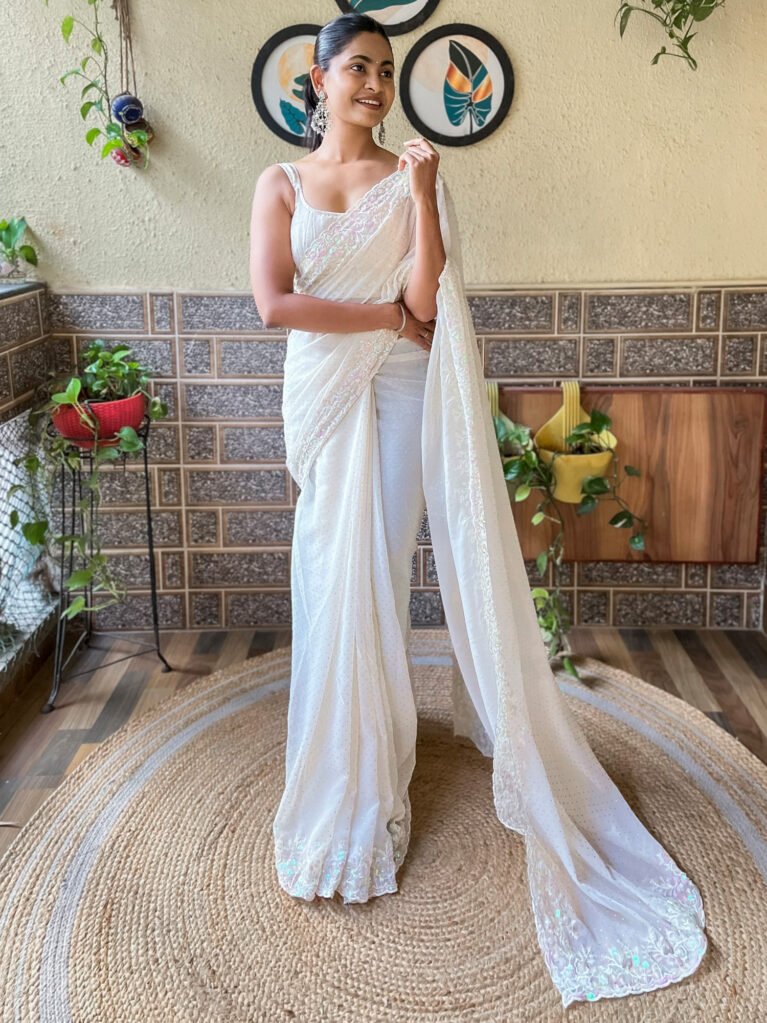 Opulent Off White Georgette Partywear Saree - Georgette Saree