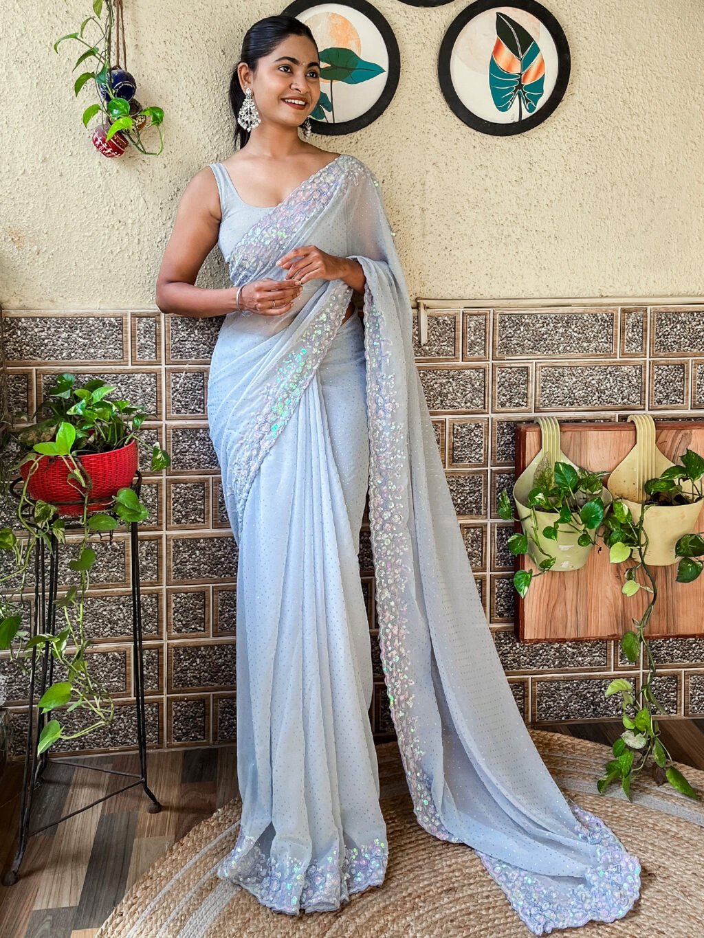 Heritage Grey Georgette Sequins Partywear Saree - Georgette Saree