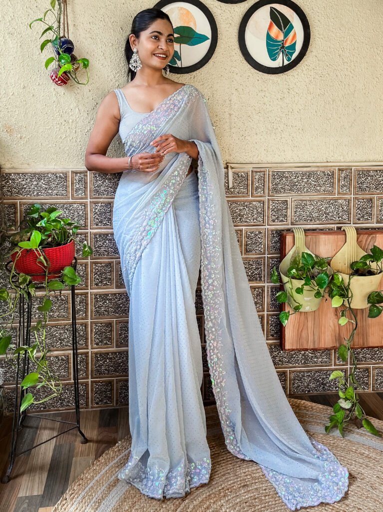 Heritage Grey Georgette Sequins Partywear Saree - Georgette Saree