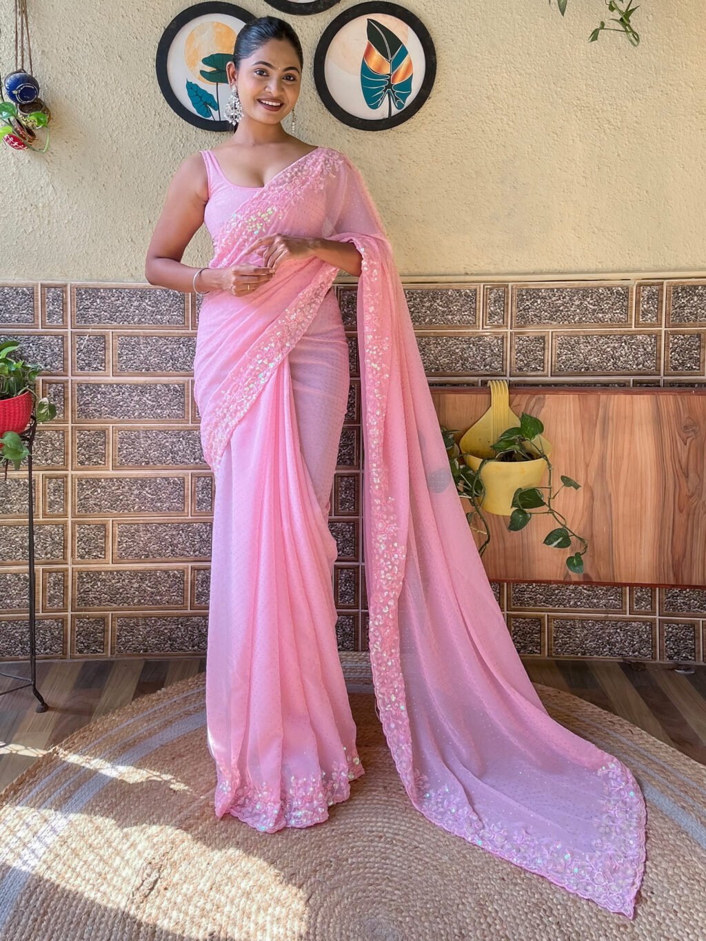 Regal Pink Georgette Partywear Saree - Georgette Saree