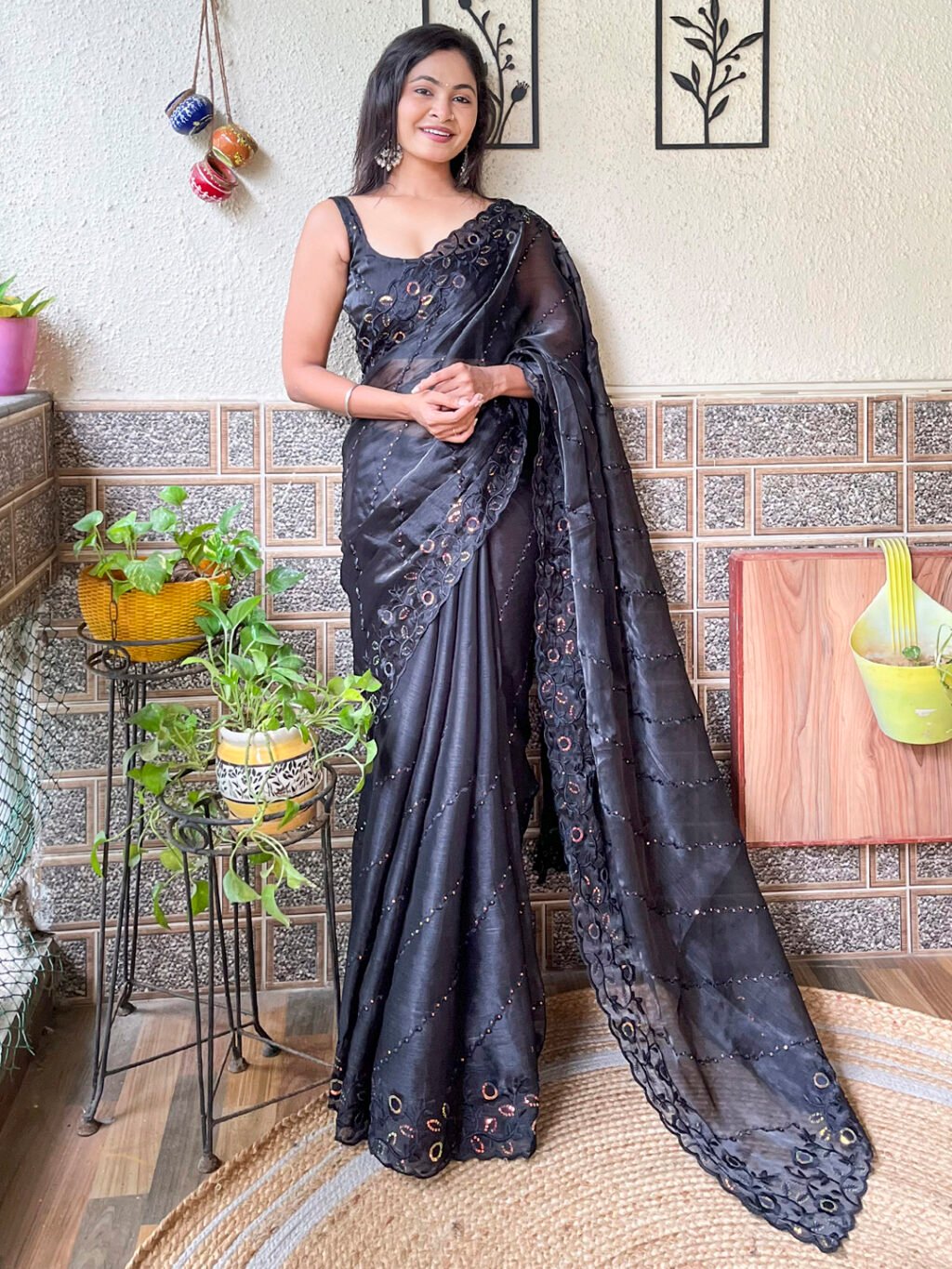 Graceful Black Organza Partywear Saree - Organza Saree