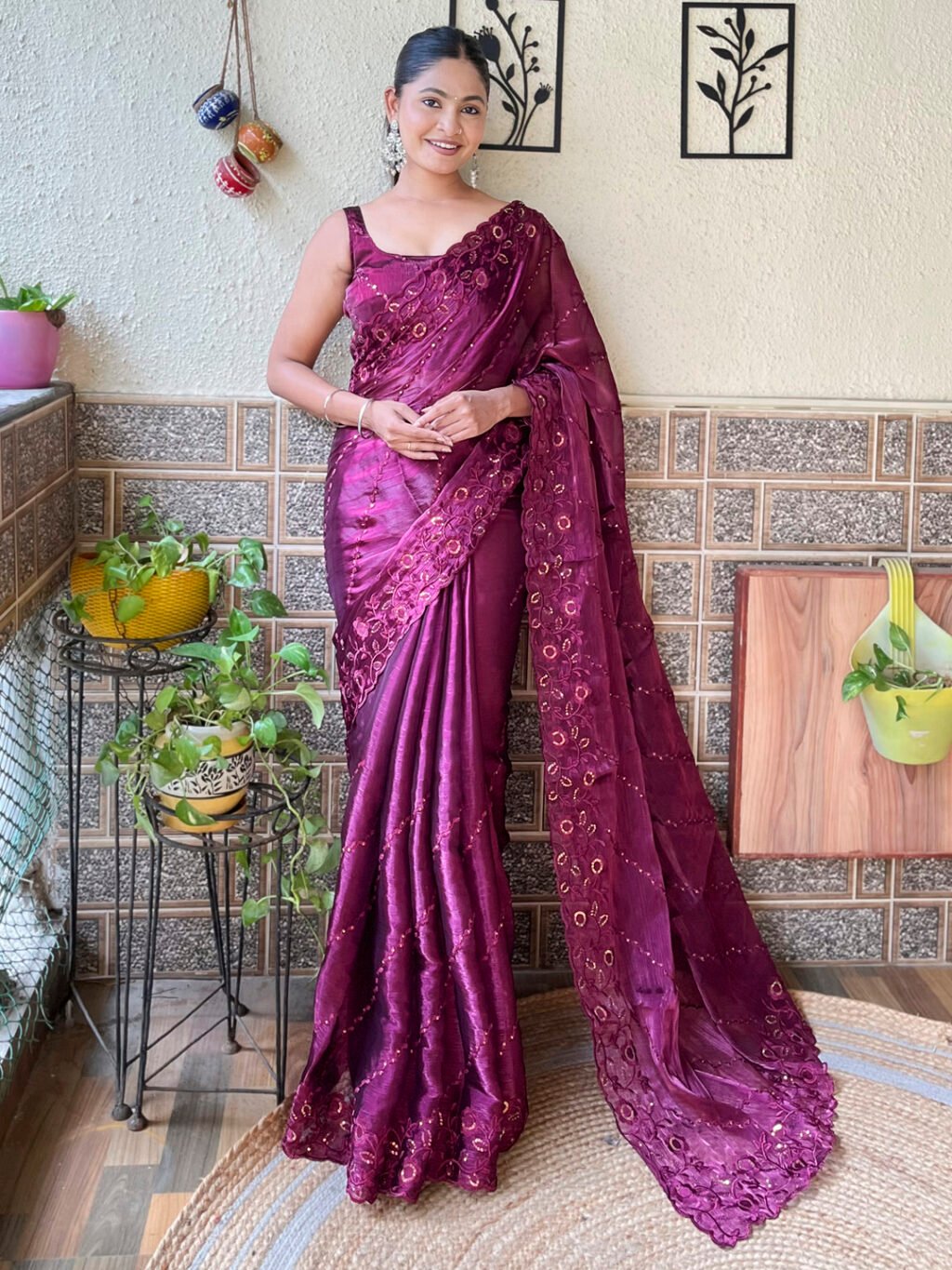 Regal Magenta Organza Embroidery Partywear  Saree - Organza Saree