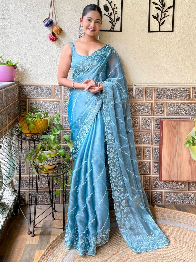 Heritage Light Blue Organza Partywear Saree - Organza Saree