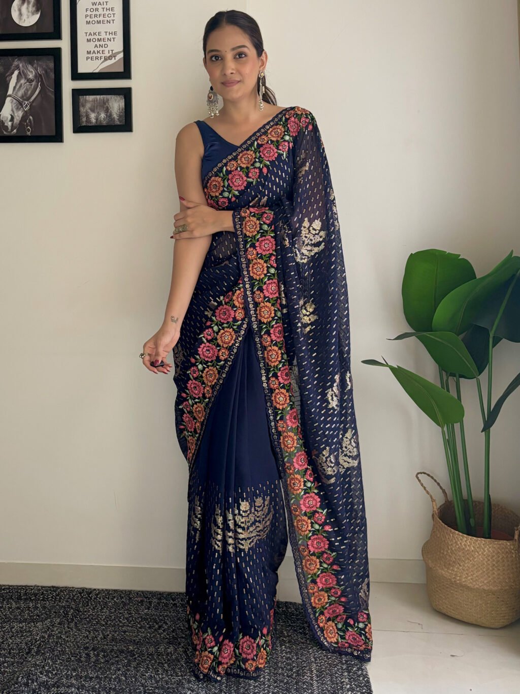 Timeless Navy Blue Georgette Sequins Saree - Georgette Saree